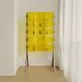 Yellow Display Shelf with Transparent Drawers Holding Small Toys and Metal Frame Indoor