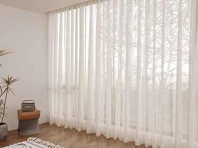 Modern Sheer White Curtains For Cozy Room With Natural Light And Wooden Floor 3d model