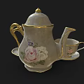 Elegant Tea Set With Teapot Cup Saucer Pink Roses And Gold Trim