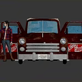 Vintage Rusty Car With Open Doors Beige Canopy Blue Circular Front And Plaid Shirt Figure