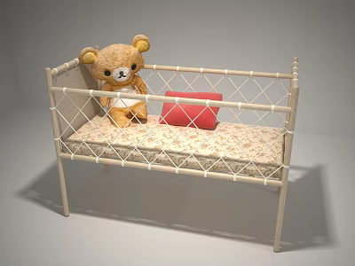 White Frame Baby Crib With Brown Teddy Bear And Red Item On Patterned Mattress 3d model