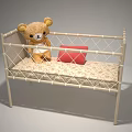 White Frame Baby Crib With Brown Teddy Bear And Red Item On Patterned Mattress