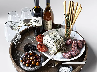 Wine Bottles And Wine Glasses With Appetizers On A Tray 3d model
