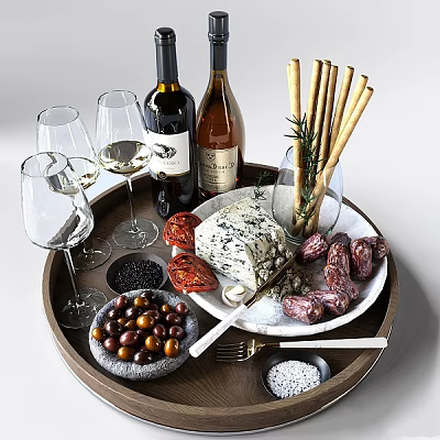 Wine Bottles And Wine Glasses With Appetizers On A Tray 3d model