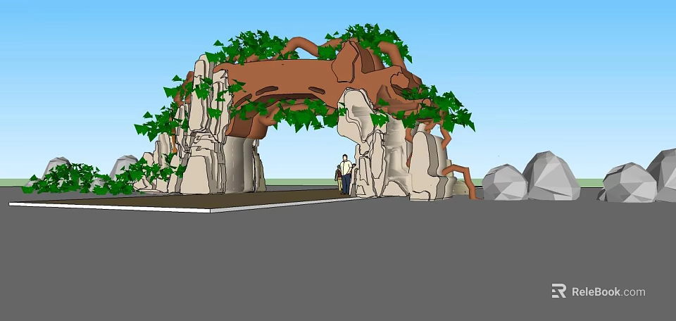 Scenic Entrance Gate Made of Tree Branches Rocks and Green Leaves with People Standing Nearby 3d model 