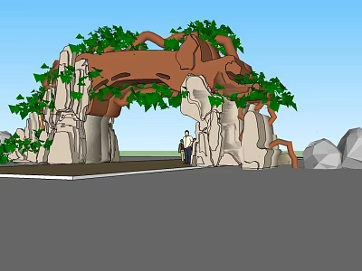Scenic Entrance Gate Made of Tree Branches Rocks and Green Leaves with People Standing Nearby 3d model