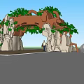 Scenic Entrance Gate Made of Tree Branches Rocks and Green Leaves with People Standing Nearby