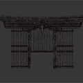 Traditional Wooden Gate Design With Curved Eaves And Black Grille