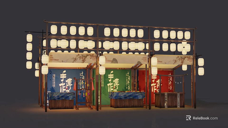 Traditional Street Stalls With Hanging Lanterns Wooden Framework And Colorful Chinese Signs 3d model 