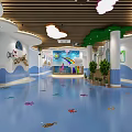 Kindergarten Interior With Blue Floor Colorful Patterns Wall Decorations Cloud Ceiling And Rainbow 3d model
