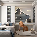 Modern Tatami Bedroom Interior With Bed Built in Shelves Desk Chair And Decor
