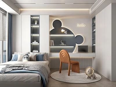 Modern Tatami Bedroom Interior With Bed Built in Shelves Desk Chair And Decor 3d model