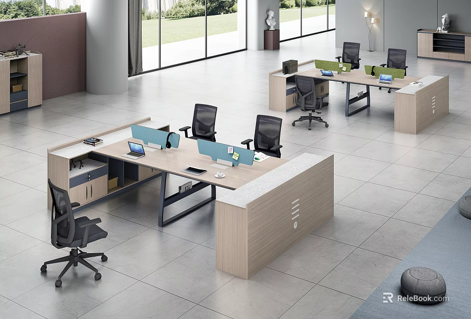 Modern Office Interior Design With Open Layout Ergonomic Chairs And Wooden Desks 3d model 