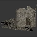Damaged Stone Wall Structure With Wooden Frames And Rubble Piles 3d model