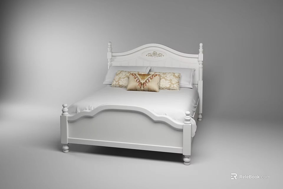 Elegant White Double Bed with Carved Headboard and Decorative Pillows 3d model 