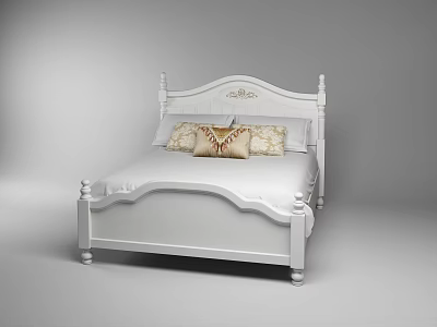 Elegant White Double Bed with Carved Headboard and Decorative Pillows 3d model