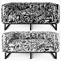 Modern Black and White Graffiti Pattern Sectional Sofa With Artistic Design And Metal Legs