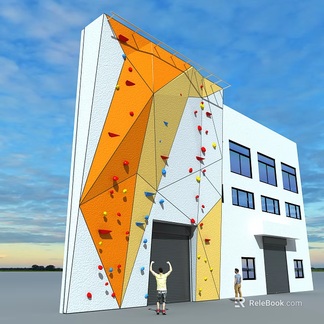 Modern Outdoor Climbing Wall Sports Equipment With Colorful Holds On Building Exterior And Blue Sky 3d model 