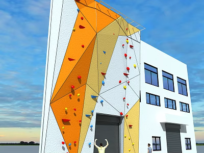 Modern Outdoor Climbing Wall Sports Equipment With Colorful Holds On Building Exterior And Blue Sky 3d model