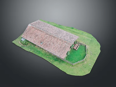 Red Tiled Roof Building On Green Grassy Lawn With Fence And Bench 3d model