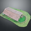 Red Tiled Roof Building On Green Grassy Lawn With Fence And Bench