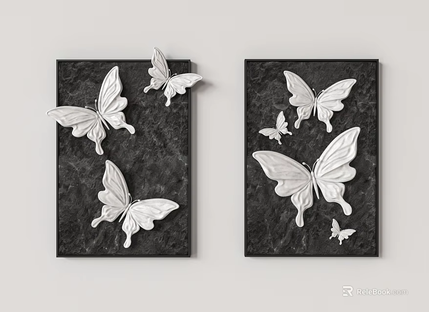 Wall Decor with Black Background and White Butterfly Artwork for Modern Home 3d model 