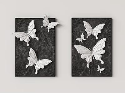 Wall Decor with Black Background and White Butterfly Artwork for Modern Home 3d model
