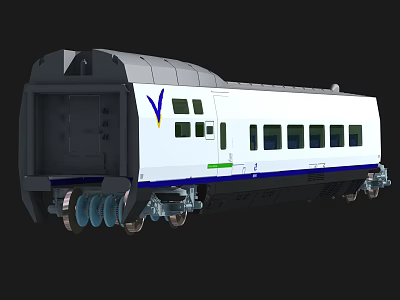 White Train Carriage With Black Front Blue Stripe Windows And Wheels 3d model
