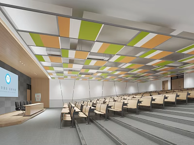 Modern Conference Room With Green Orange White Gray Square Ceiling Stepped Seats Podium And Screen 3d model