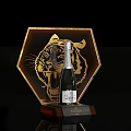 Champagne Bottle And Wine Glass With Golden Hexagonal Tiger Trophy