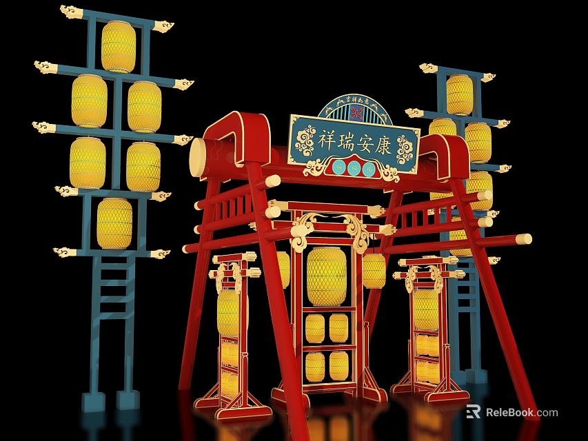 Traditional Chinese Photo Check In Spot Featuring Red Archway Yellow Lanterns and Auspicious Decorations 3d model 