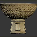 Intricately Carved Stone Bowl With Floral Patterns On Decorative Pedestal Base