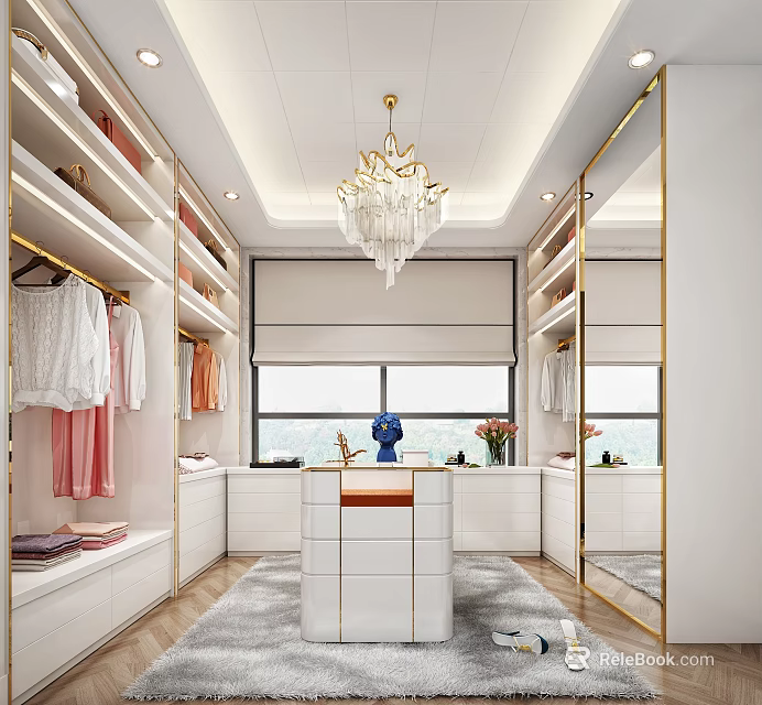 Luxury Walk in Closet with White Wardrobes Chandelier and Large Mirrors 3d model 