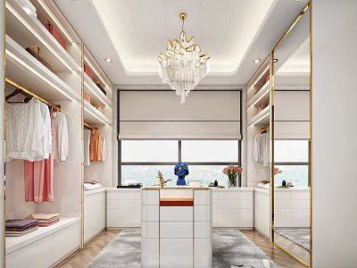 Luxury Walk in Closet with White Wardrobes Chandelier and Large Mirrors 3d model