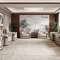 Traditional Chinese Reception Room Interior Design With Landscape Paintings Green Plants And Chandelier