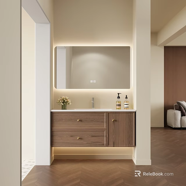 Modern Wooden Bathroom Vanity With LED Mirror Drawers And Toiletries On Counter 3d model 