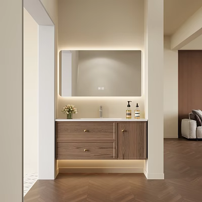 Modern Wooden Bathroom Vanity With LED Mirror Drawers And Toiletries On Counter 3d model