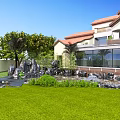 Luxury Villa Garden Landscape With Curved Swimming Pool Palm Trees Lush Lawn And Waterfront View