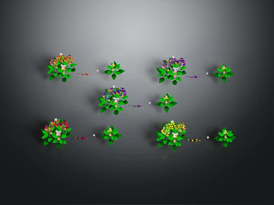 Various Green Leaf Plants With Colorful Flowers Arranged On Dark Background 3d model