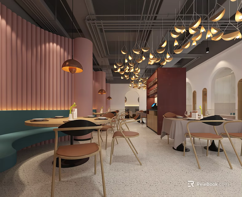 Elegant Restaurant Interior With Pink Walls Curved Design Pendant Lights Round Tables And Booth Seating 3d model 
