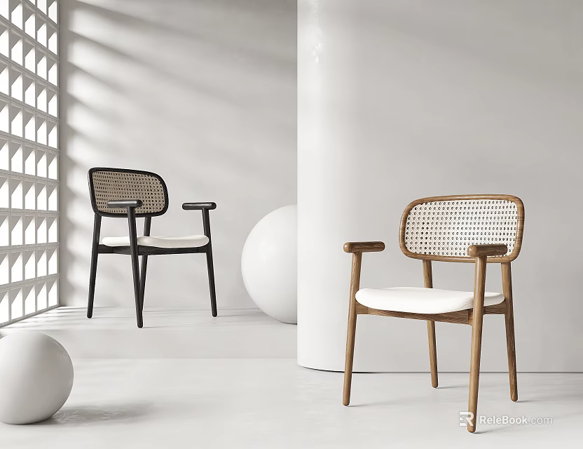 Modern Dining Chairs Featuring Rattan Backrest Armrests Black And Wooden Design In Minimalist White Space With Geometric Decor 3d model 
