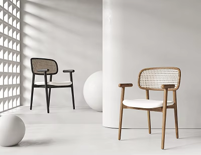 Modern Dining Chairs Featuring Rattan Backrest Armrests Black And Wooden Design In Minimalist White Space With Geometric Decor 3d model