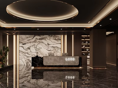 Shop Reception Area With Marble Wall Ambient Lighting And Shelves 3d model