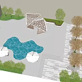 Courtyard Landscape Parasol Seat Tree Pool 3d model