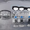 Modern Public Office Space With White Desks Black Chairs And Hexagonal Ceiling Lights