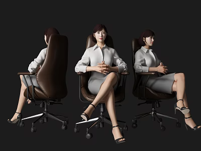 Business Woman Sitting On Office Chair Different Angles White Shirt Gray Skirt 3d model