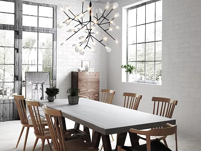 Modern Dining Table Set With Wooden Chairs White Brick Wall And Chandelier 3d model