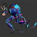 Anime Style Girl And Colorful Robot Creature With Multiple Legs Round Head And Blue Liquid