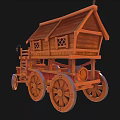 Wooden Carriage Featuring House like Structure Red Roof Windows and Wheels