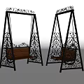 Ornate Black Iron Frame Swing Chairs With Wooden Bench And Woven Basket Seats